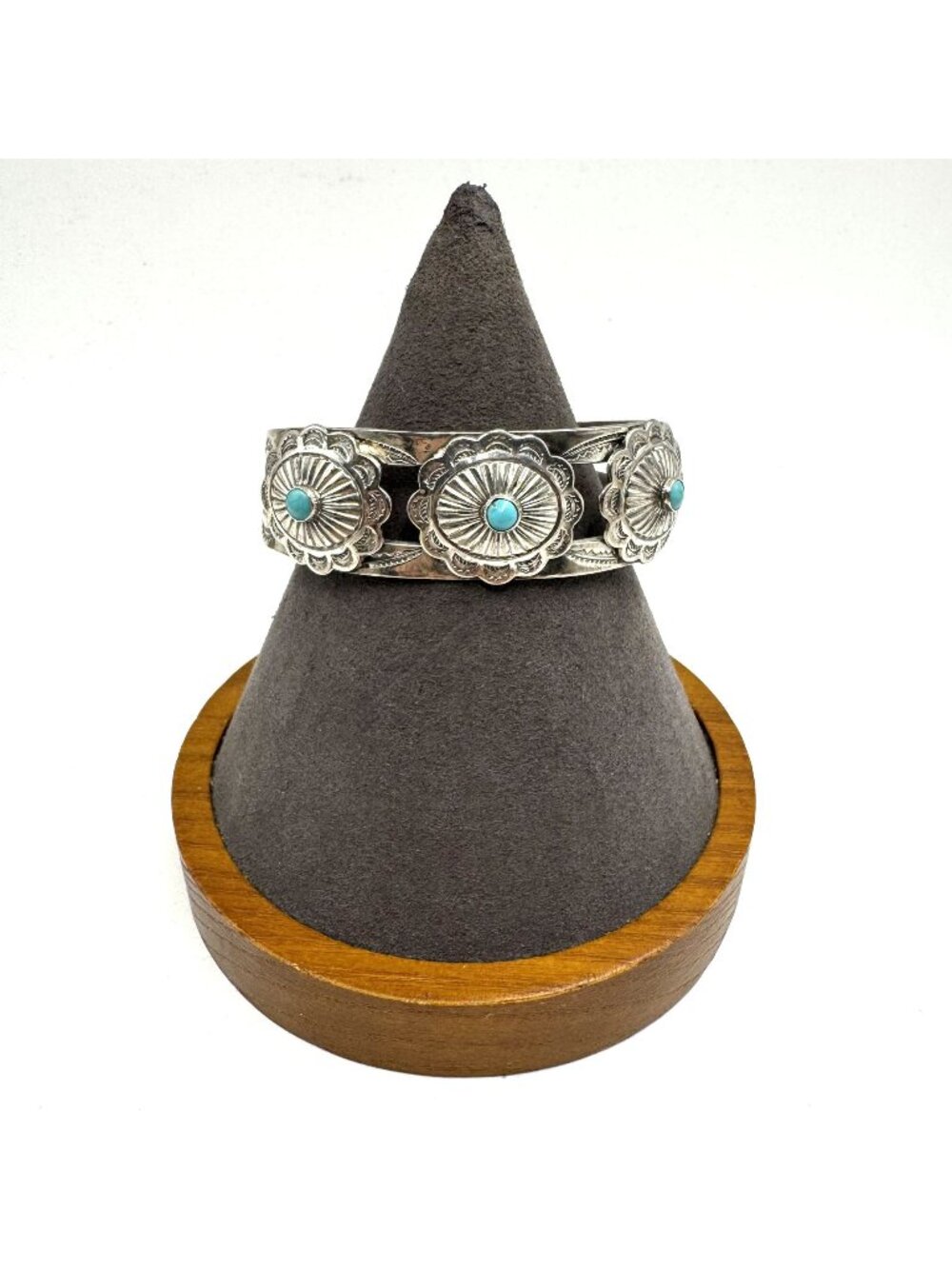 Sterling Silver 925 Turquoise Floral Motif Cuff Bracelet Size 7.5" Fit